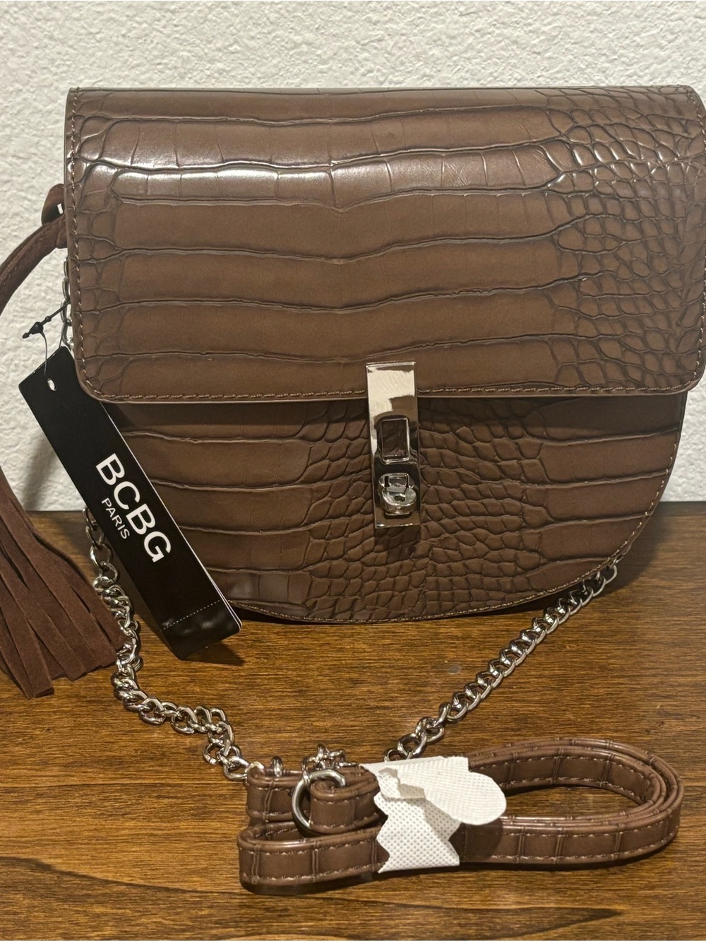 BCBG Brown Croc-Embossed Crossbody with Tassel and Chain - Picture 2 of 8